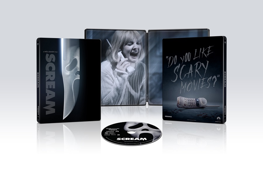 Scream DVD set featuring a sleek case, a disc, and artwork with iconic imagery and text, including 'Do you like scary movies?'
