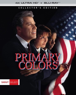 Cover art of the movie 'Primary Colors' on 4K UHD Blu-ray featuring three characters in formal attire against an American flag background.
