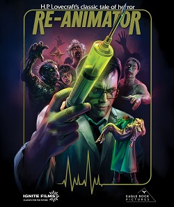 Poster for the movie 'Re-Animator' featuring a scientist holding a syringe, surrounded by zombie-like characters.