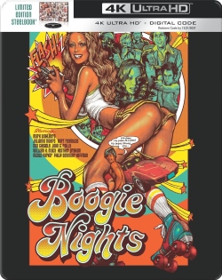 Cover art for the 4K UHD Blu-ray Limited Edition SteelBook of 'Boogie Nights', featuring a vibrant illustration of a woman in rollerskates and a retro design.