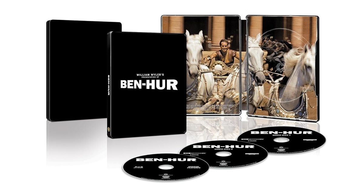 4K UHD Blu-ray SteelBook edition of 'Ben-Hur' featuring a collectible case and three discs, with artwork depicting a scene from the film.