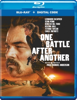 Blu-ray cover for the film 'One Battle After Another', featuring prominent actors and the title in bold text.