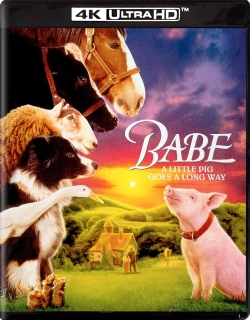 Cover of the 4K Ultra HD Blu-ray for 'Babe' featuring various farm animals and the titular pig against a sunset backdrop.
