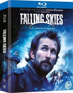 Blu-ray box set for the complete series of 'Falling Skies', featuring a man looking up with a serious expression and alien figures in the background.