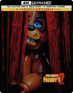 Limited edition steelbook cover of 'Five Nights at Freddy's 2' featuring a puppet character peeking from behind red curtains.
