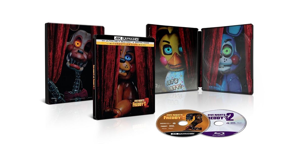 Limited Edition SteelBook for the 4K UHD Blu-ray release of 'Five Nights at Freddy's 2', featuring colorful artwork and two discs displayed at the front.