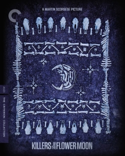 Movie poster for 'Killers of the Flower Moon' featuring a dark blue background, intricate designs of bones and a moon, and the film's title in a bold font at the bottom.