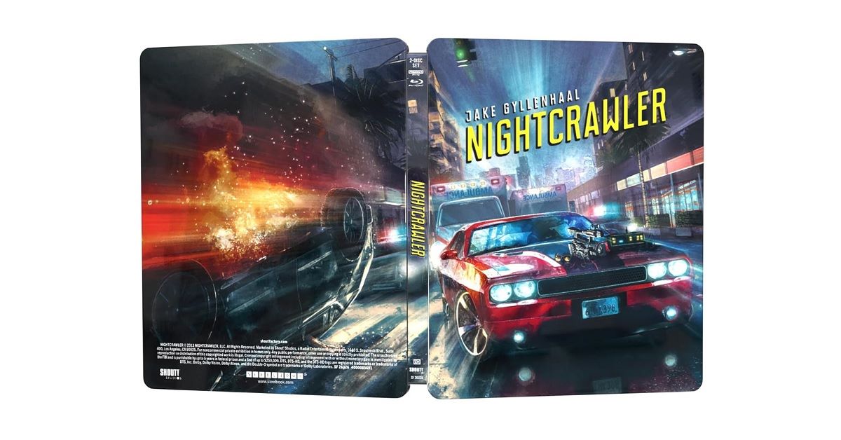 Artwork of the 4K UHD Blu-ray SteelBook for the film Nightcrawler, featuring a scene of a car on a city street with dramatic lighting and action elements.