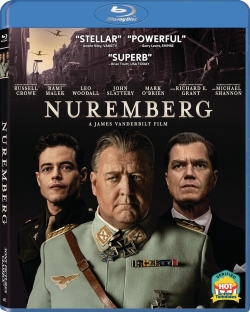 Blu-ray cover of the film 'Nuremberg' directed by James Vanderbilt, featuring actors Russell Crowe, Rami Malek, and others, along with promotional quotes.