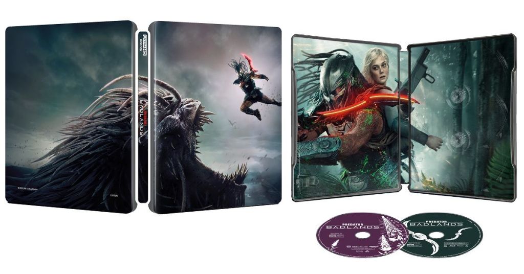 Steelbook case of the game 'Predator: Badlands' featuring striking artwork on the cover and internal panels, with two game discs visible.