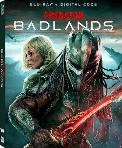 Blu-ray cover for 'Predator: Badlands' featuring a female character and a predator with a sword against a mountainous background.