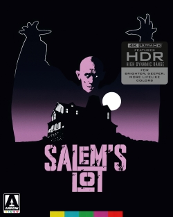 Cover art for the film 'Salem's Lot', featuring a menacing figure with outstretched arms in front of a haunted house and a full moon, stylized in purple hues.