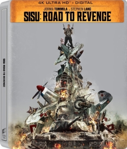 Cover art for the movie 'Sisu: Road to Revenge', featuring a chaotic scene of a soldier standing atop a pile of destroyed military vehicles and aircraft, set against a smoky background.