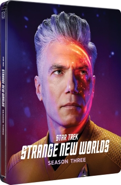 Steelbook cover for Star Trek: Strange New Worlds Season Three featuring a close-up of a man with striking gray hair and a Starfleet uniform.