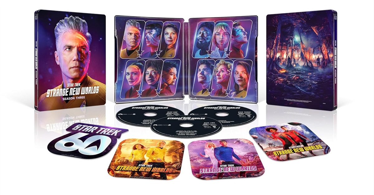 Star Trek: Strange New Worlds Season Three 4K UHD Blu-ray SteelBook with artwork and discs.