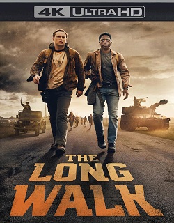 Cover art for 'The Long Walk' in 4K Ultra HD format, featuring two male characters walking on a road with military vehicles in the background.