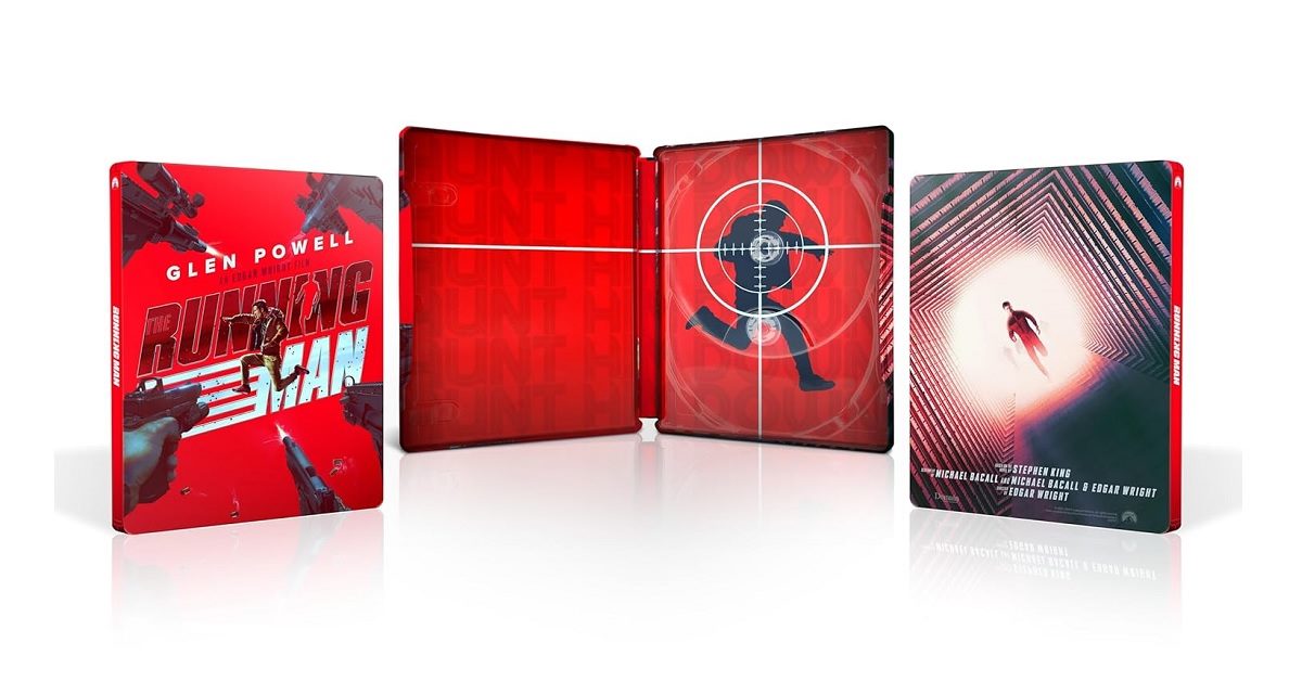 SteelBook cover design for the 2025 film adaptation of 'The Running Man,' featuring artwork of Glen Powell and striking red and black elements, with gun imagery and a target motif.