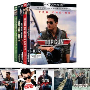 Collection of 4K UHD Blu-ray movies featuring Tom Cruise, including 'Top Gun', 'The Untouchables', 'Ferris Bueller's Day Off', and 'Trading Places'.