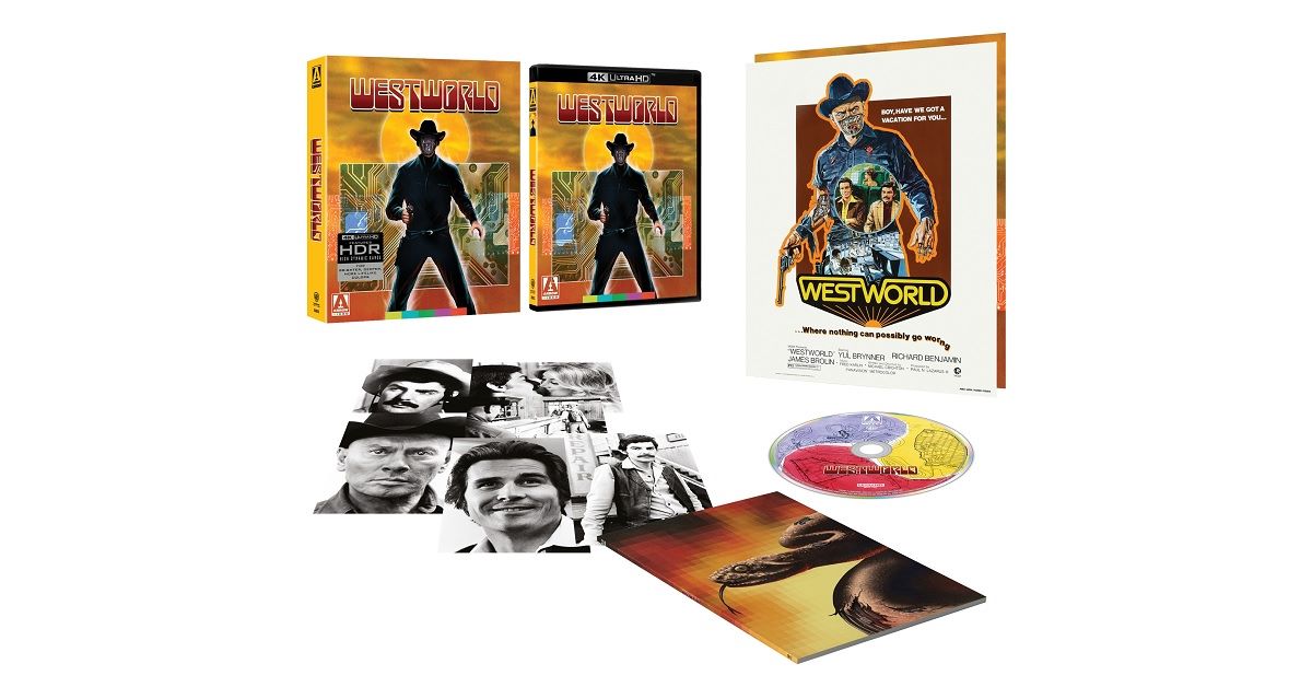 Promotional image of the 4K UHD Blu-ray Limited Edition and Blu-ray Limited Edition of the film 'Westworld', featuring the movie cover art, a disc, a booklet, and postcard-sized artcards.