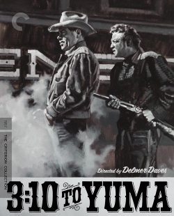 A vintage movie poster for '3:10 to Yuma', featuring two men, one in a cowboy hat and coat, and the other holding a rifle, set against a dramatic backdrop.