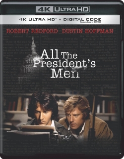 Cover art for the movie 'All The President's Men' featuring Robert Redford and Dustin Hoffman, along with the 4K Ultra HD logo.