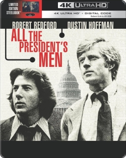 Cover of the 4K Ultra HD Steelbook edition of 'All the President's Men', featuring images of Robert Redford and Dustin Hoffman with the U.S. Capitol in the background.