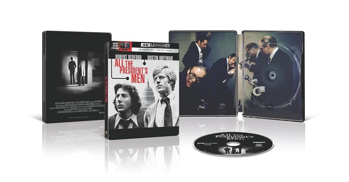 4K UHD Blu-ray steelbook packaging for the film 'All the President's Men', featuring images of the main characters and the DVD disc.