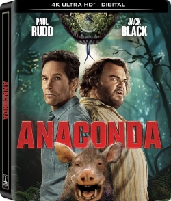 DVD cover for the movie 'Anaconda' featuring Paul Rudd and Jack Black, with a large snake and a pig in the foreground.