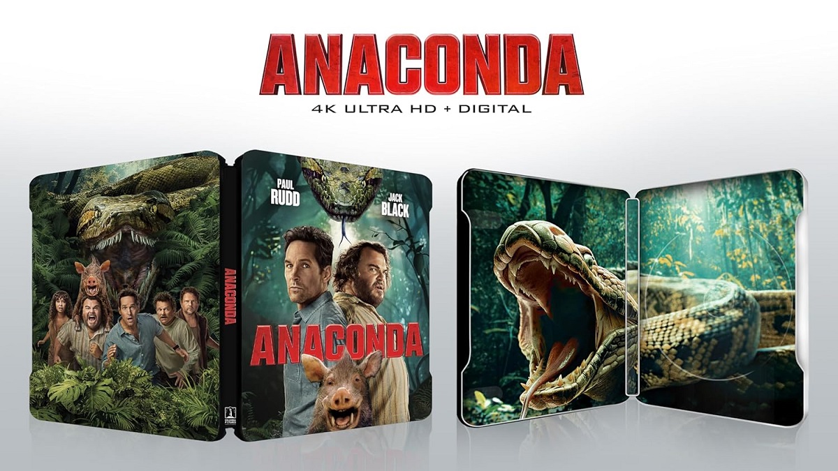 4K Ultra HD Blu-ray cover of 'Anaconda' featuring a detailed illustration of a giant snake, with images of cast members Paul Rudd and Jack Black amidst a jungle background.