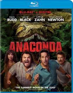 Blu-ray cover of the movie 'Anaconda' featuring main cast members Paul Rudd, Jack Black, Steve Zahn, and Thandiwe Newton with a large snake in a jungle background.