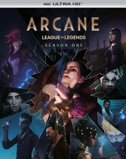 Cover art for 'Arcane: League of Legends' Season One, featuring various characters and a broken glass effect.