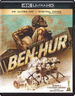 Cover of the 4K Ultra HD edition of 'Ben-Hur' featuring a chariot race with horses and a muscular man holding a shield, with text highlighting it as a winner of 11 Academy Awards.
