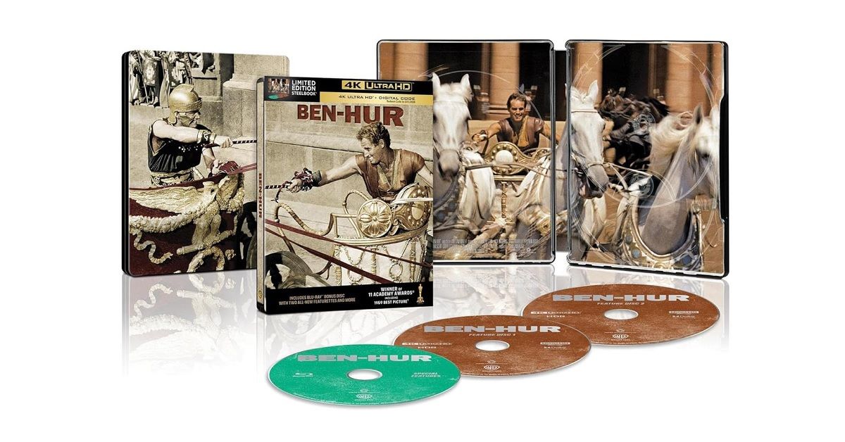 4K UHD Blu-ray and SteelBook edition of the film 'Ben-Hur' featuring the cover artwork, discs, and an image from the chariot race scene.