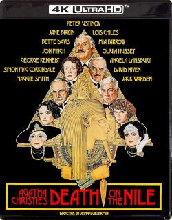 Cover of the movie 'Agatha Christie's Death on the Nile' featuring the main cast, including Peter Ustinov, Jane Birkin, and Angela Lansbury, with an illustration of an Egyptian motif.