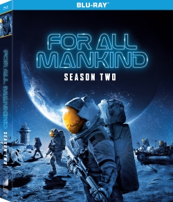 Blu-ray cover of 'For All Mankind' Season Two featuring astronauts on the moon with a large Earth visible in the background.