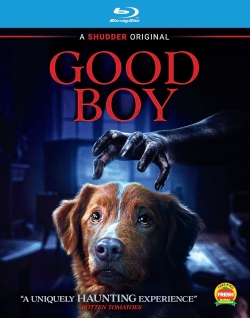Blu-ray cover for the horror movie 'Good Boy', featuring a concerned dog and a shadowy hand reaching towards it.