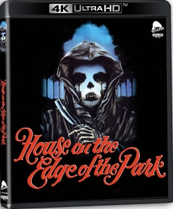 Blu-ray cover for 'House on the Edge of the Park' featuring a hooded figure with a skull face and a knife, with the title in stylized red lettering.