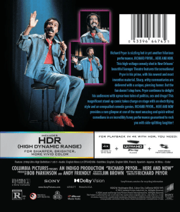 Back cover of the 4K UHD Blu-ray for 'Richard Pryor... Here and Now' featuring images of comedian Richard Pryor performing on stage, with a colorful design highlighting his stand-up act and details about the film's features.