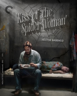 Movie poster for 'Kiss of the Spider Woman' featuring a man sitting on a bed in a prison cell, holding a bowl of food, with another figure lying on a bed nearby. The background includes spider webs and elements reflecting the film's themes.