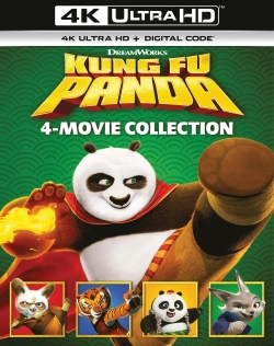 Cover of the 'Kung Fu Panda 4-Movie Collection' in 4K Ultra HD featuring the main character Po, a panda, displaying a martial arts pose with fire, and smaller images of supporting characters.
