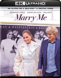 DVD cover for the movie 'Marry Me' featuring Jennifer Lopez and Owen Wilson, with promotional images of the cast in the background.