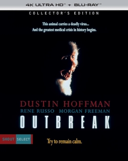 Movie poster for the film 'Outbreak' featuring a menacing figure, with the title and main actors' names displayed prominently.