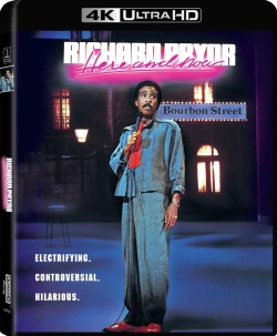 Cover of the 4K Ultra HD video featuring Richard Pryor performing stand-up comedy, with the title 'Richard Pryor: Here and Now' and 'Bourbon Street' visible.