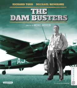 A black and white movie poster for 'The Dam Busters' featuring Richard Todd and Michael Redgrave. The background shows a bomber aircraft, and the title and credits are prominently displayed.