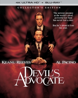 Movie poster for 'Devil's Advocate' featuring Keanu Reeves and Al Pacino, with a red background and the tagline about a powerful law firm.