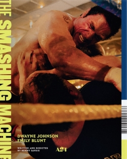 Movie poster for 'The Smashing Machine' featuring Dwayne Johnson and Emily Blunt in an intense wrestling scene.