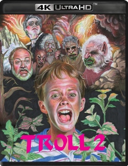 Cover art for the movie 'Troll 2', featuring a frightened boy surrounded by various monstrous characters set against a dramatic background.