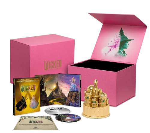 Limited Edition 'Wicked For Good' 4K UHD Blu-ray Gift Set featuring a decorative pink box with an image of a witch and various collectible items including discs and a figurine.
