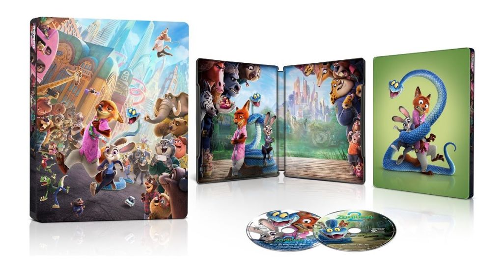 A collectible steelbook case featuring characters from an animated movie, with vibrant illustrations on the front, inside artwork of various animals, and two discs with colorful designs.