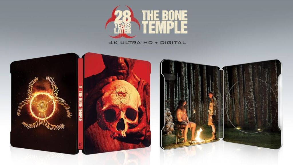 A DVD case for '28 Years Later: The Bone Temple' featuring vivid artwork, including a skull and an illustrated scene with characters in a dark forest setting. The case is presented in a sleek design, labeled with '4K Ultra HD + Digital'.
